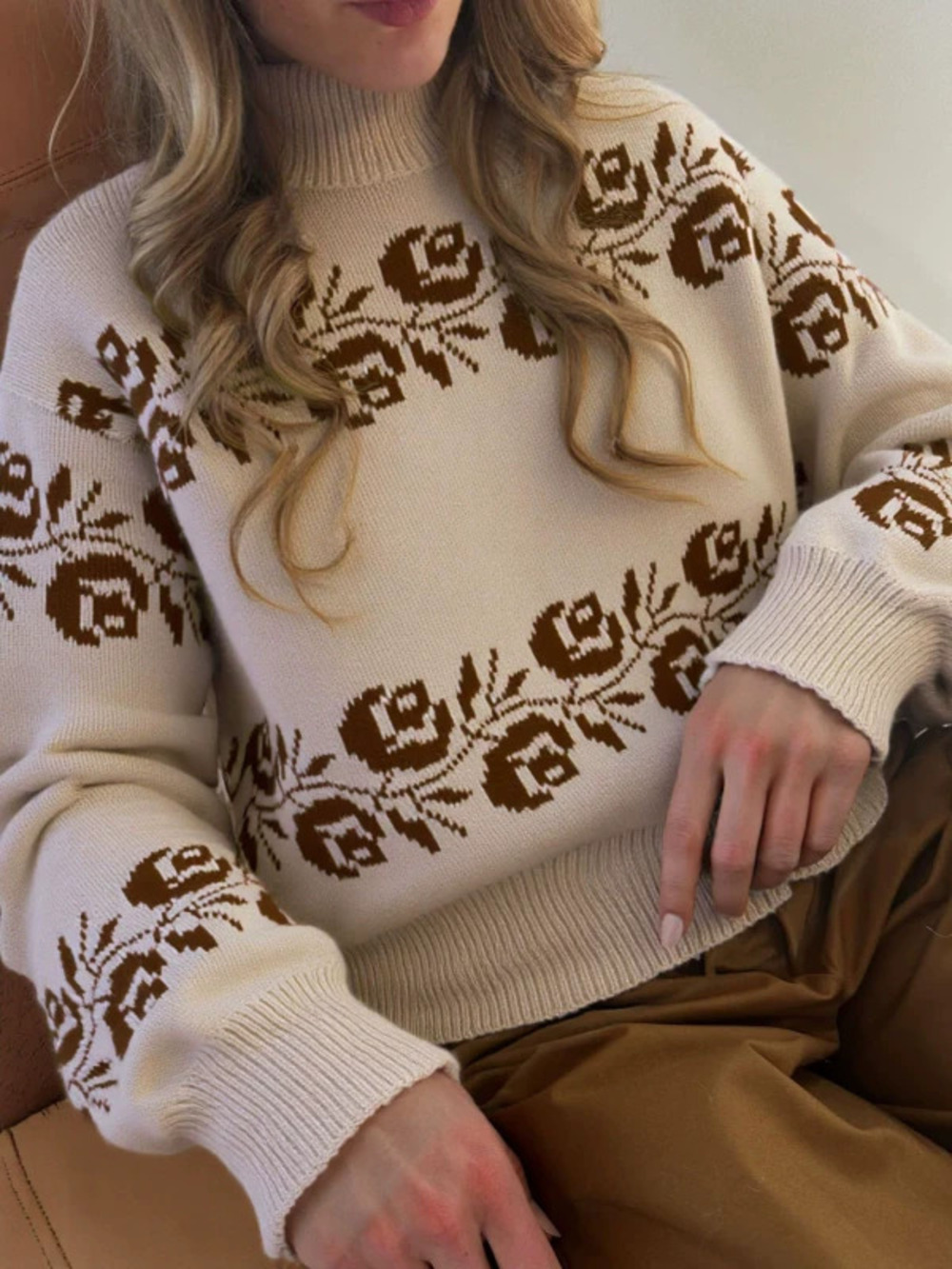 Chic Women Autumn Winter Loose Embroidered Half High Neck Pullover Knit Sweater